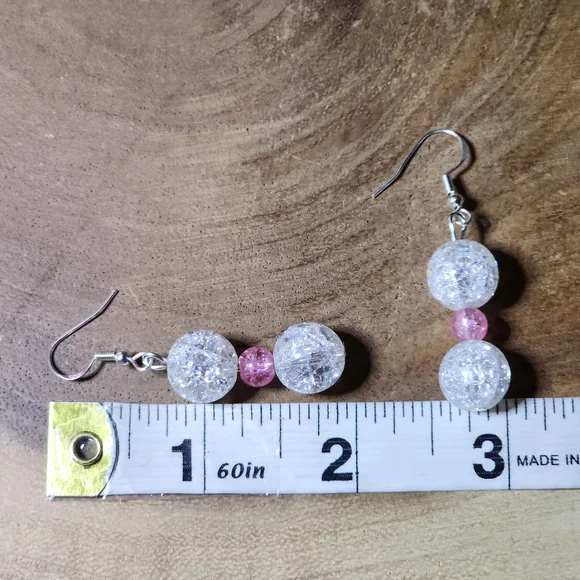 Hand Crafted Pink And Clear Crackled Glass and Silver Toned Dangle Drop Earrings - Picture 5 of 5